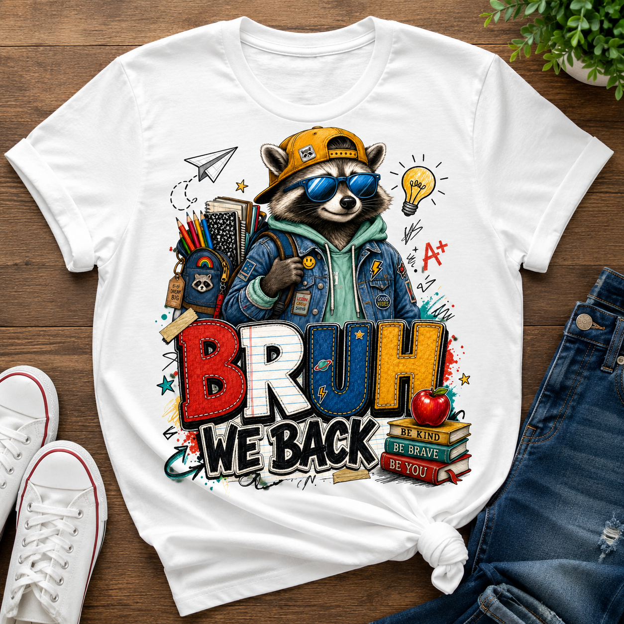 Bruh We Back Raccoon Back to School Graphic T-Shirt