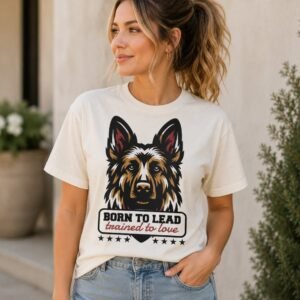 Woman wearing a natural cream t-shirt with a German Shepherd illustration and the words Born to Lead, Trained to Love
