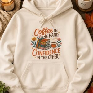 Cream hoodie with a retro illustration of stacked books, a coffee cup and flowers above the words Coffee in One Hand, Confidence in the Other