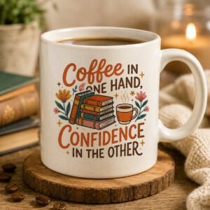 Cream ceramic coffee mug with a retro illustration of stacked books, a coffee cup and flowers above the words Coffee in One Hand, Confidence in the Other