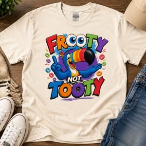 Natural cream t-shirt with a colorful cartoon toucan and bright lettering reading Frooty Not Tooty surrounded by cereal loops