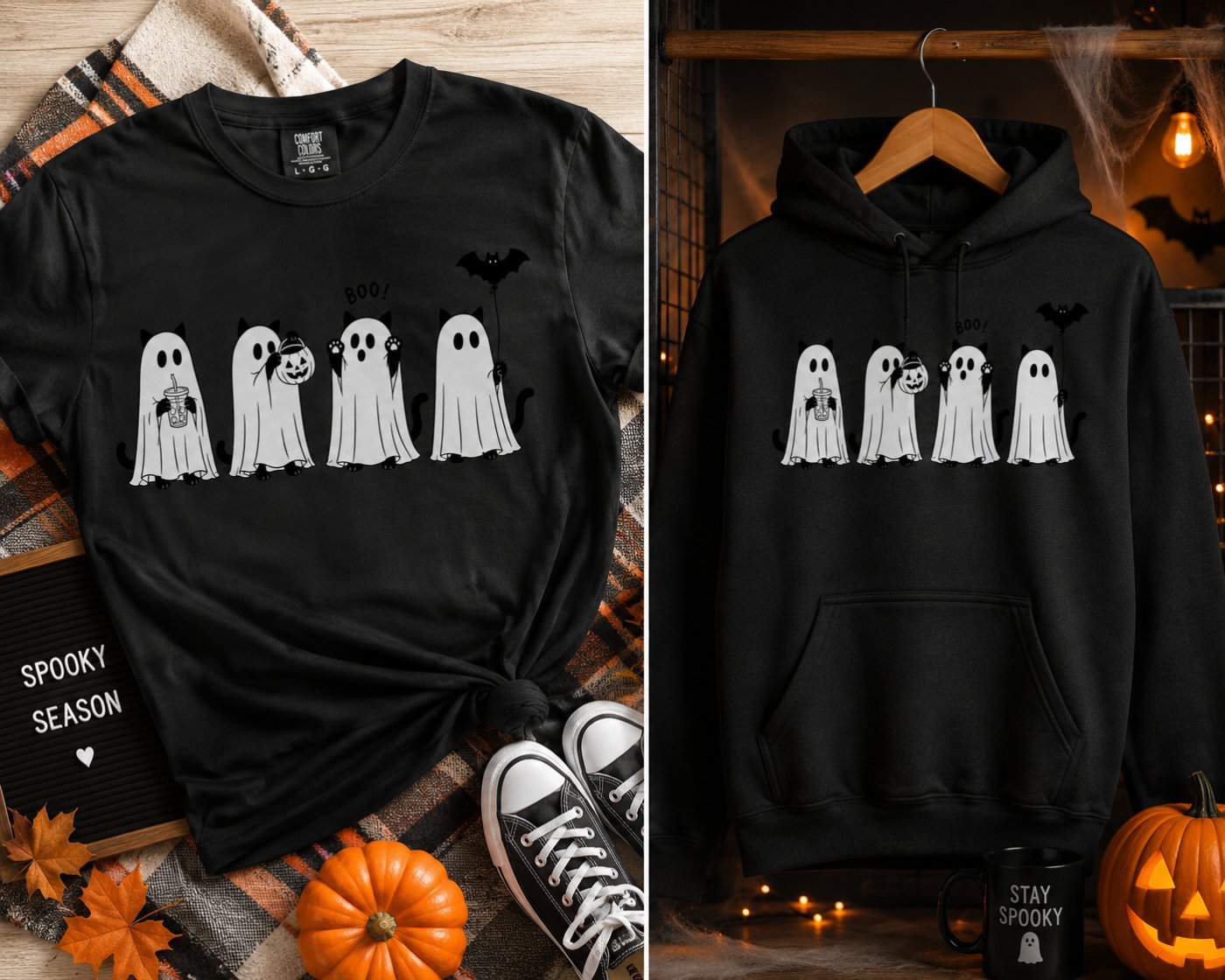 Black Halloween t-shirt and matching hoodie printed with four cats dressed as ghosts and a small bat