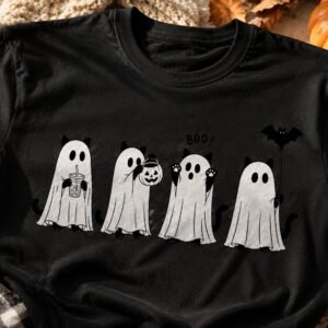 Black t-shirt with four cats dressed as ghosts holding an iced coffee, a jack-o-lantern bucket and a bat balloon, with the word Boo