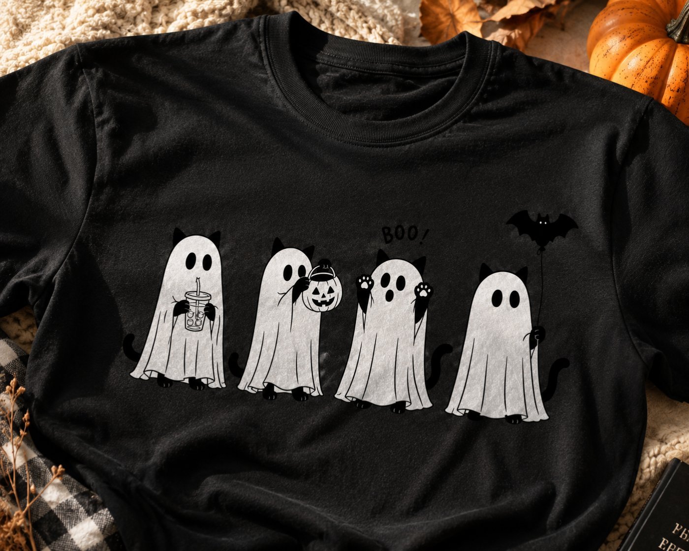 Black t-shirt with four cats dressed as ghosts holding an iced coffee, a jack-o-lantern bucket and a bat balloon, with the word Boo