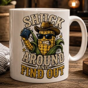 White ceramic coffee mug with a cartoon corn cowboy wearing a hat and sunglasses above the words Shuck Around and Find Out