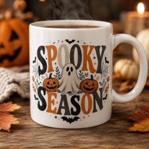 White ceramic coffee mug with retro Spooky Season lettering, a smiling ghost, jack-o-lantern pumpkins and bats