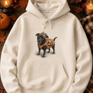 Cream hoodie printed with a pencil illustration of a black dog wearing a jack-o-lantern pumpkin costume
