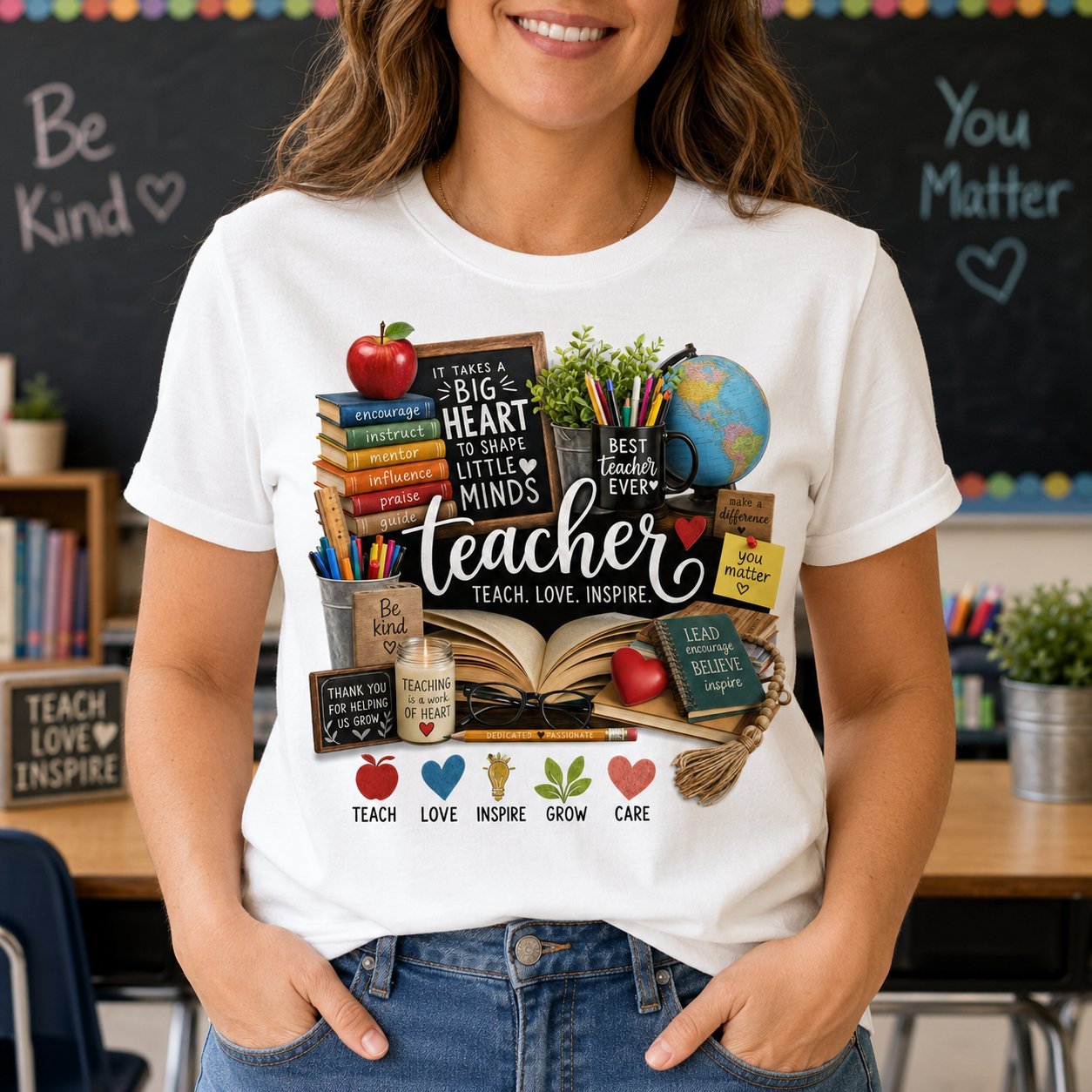 Teacher wearing a white t-shirt with a teach love inspire collage design in front of a classroom chalkboard
