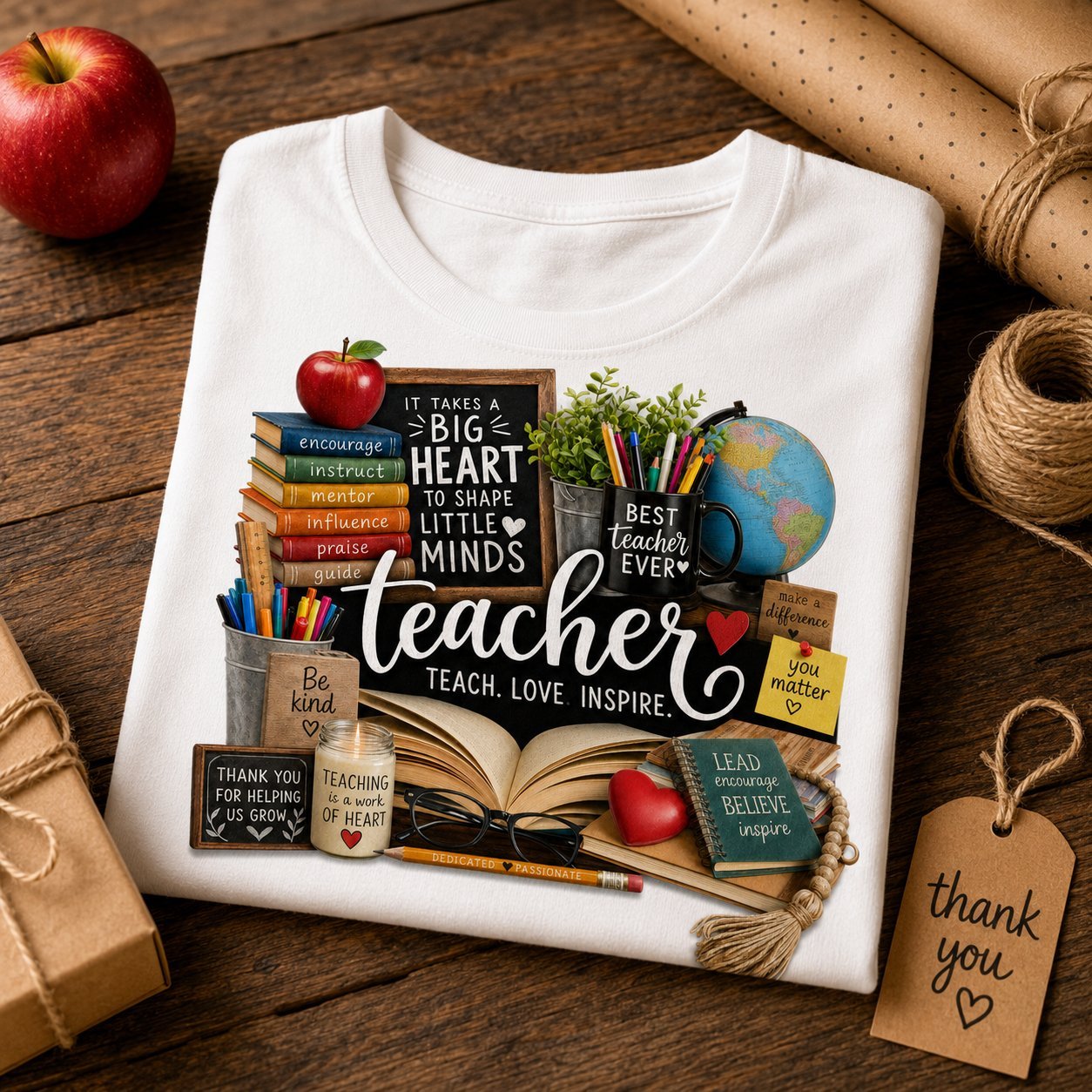 Folded white teacher t-shirt styled as a gift with kraft paper, twine, a red apple and a thank you tag