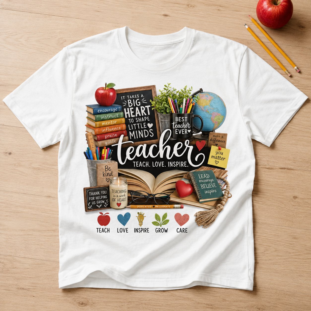 White t-shirt laid flat with a teacher collage design featuring books, an apple, a globe and the words It Takes a Big Heart to Shape Little Minds