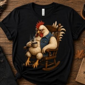 Black t-shirt with a grumpy rooster in a denim vest sitting in a rocking chair holding coffee