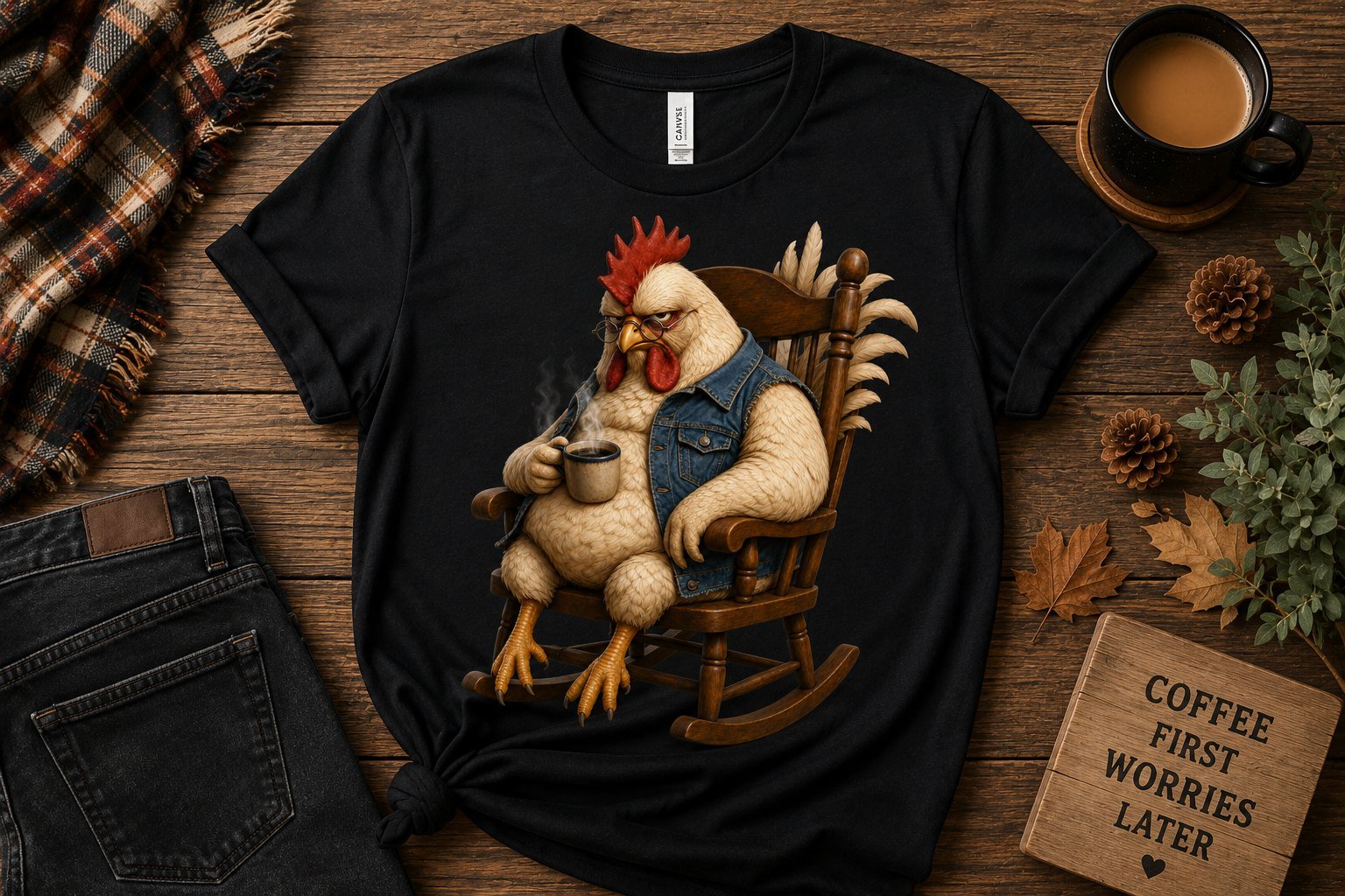 Black t-shirt with a grumpy rooster in a denim vest sitting in a rocking chair holding coffee