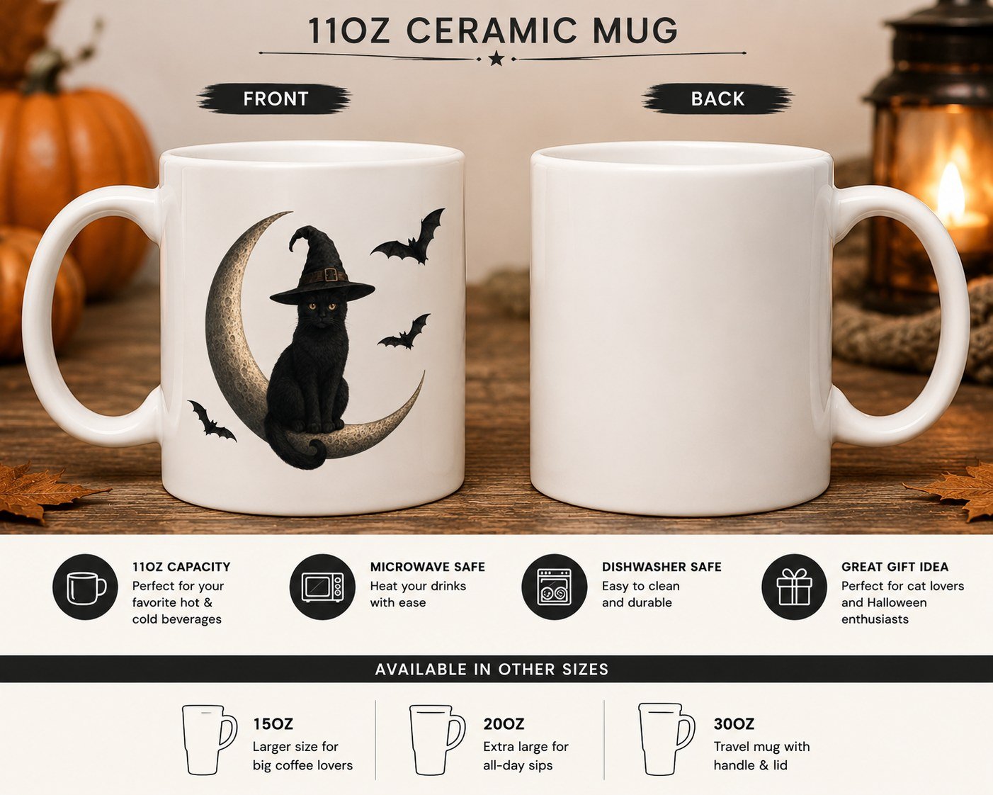 Halloween black cat mug front and back views with 11oz, 15oz, 20oz and 30oz size options