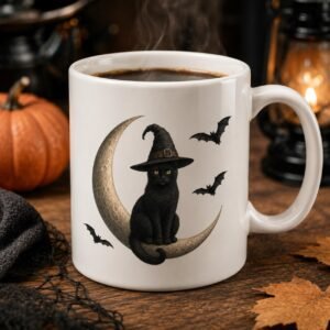 White ceramic mug with a black cat in a witch hat sitting on a crescent moon with bats