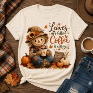 Natural cream t-shirt with a scarecrow drinking coffee and Leaves Are Falling Coffee Is Calling text