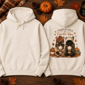 Cream back print hoodie with two French Bulldogs in beanies holding pumpkin spice lattes
