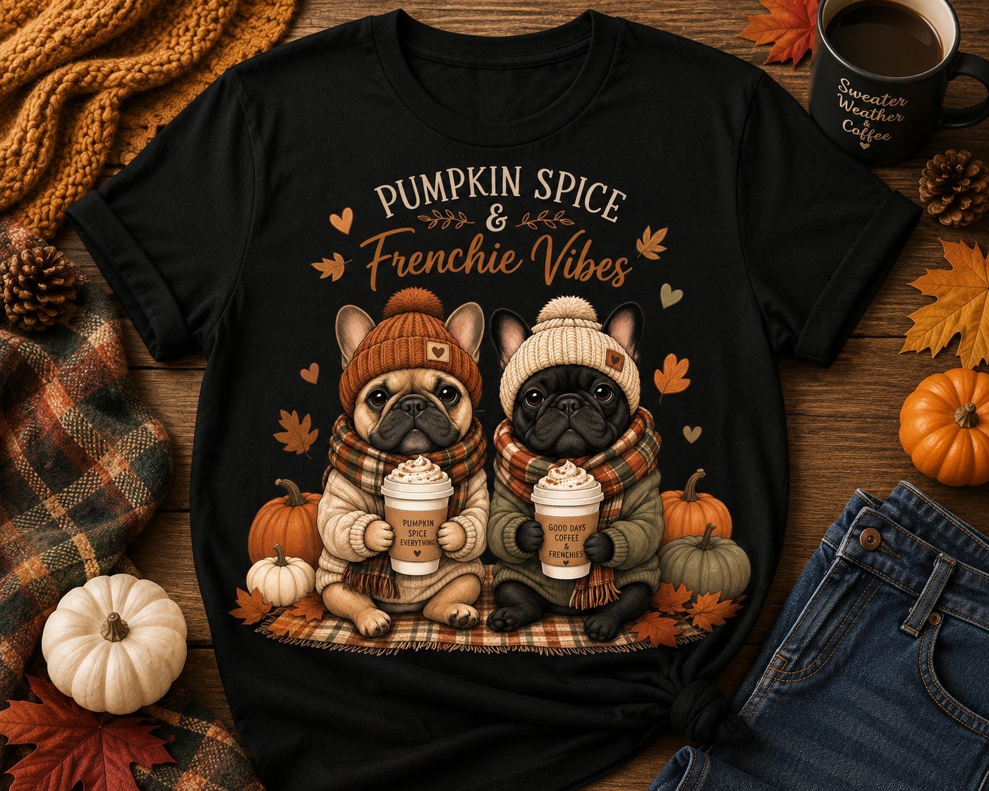 Black Pumpkin Spice and Frenchie Vibes t-shirt with two French Bulldogs in fall sweaters
