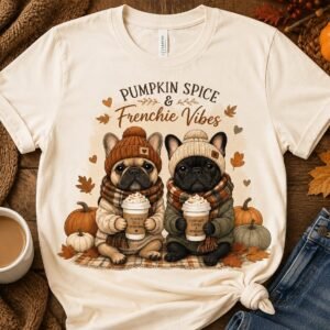Cream t-shirt with two French Bulldogs in beanies and plaid scarves holding pumpkin spice lattes