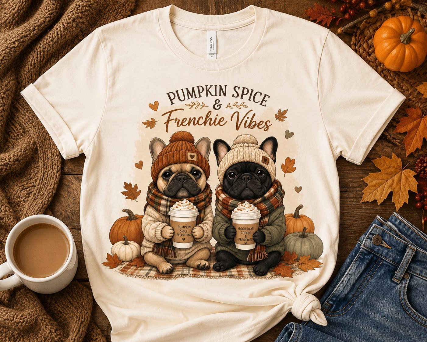 Cream t-shirt with two French Bulldogs in beanies and plaid scarves holding pumpkin spice lattes