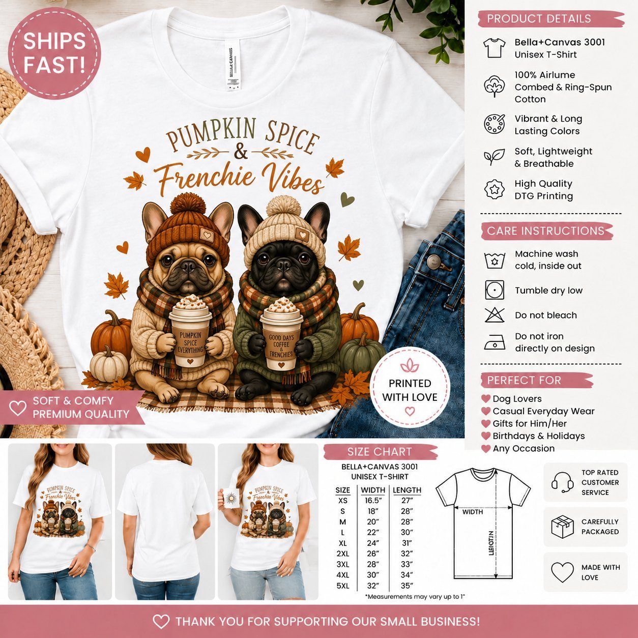 White Bella+Canvas Frenchie pumpkin spice t-shirt with product details and size chart