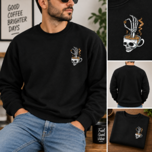 Black skeleton coffee hoodie with skull mug design