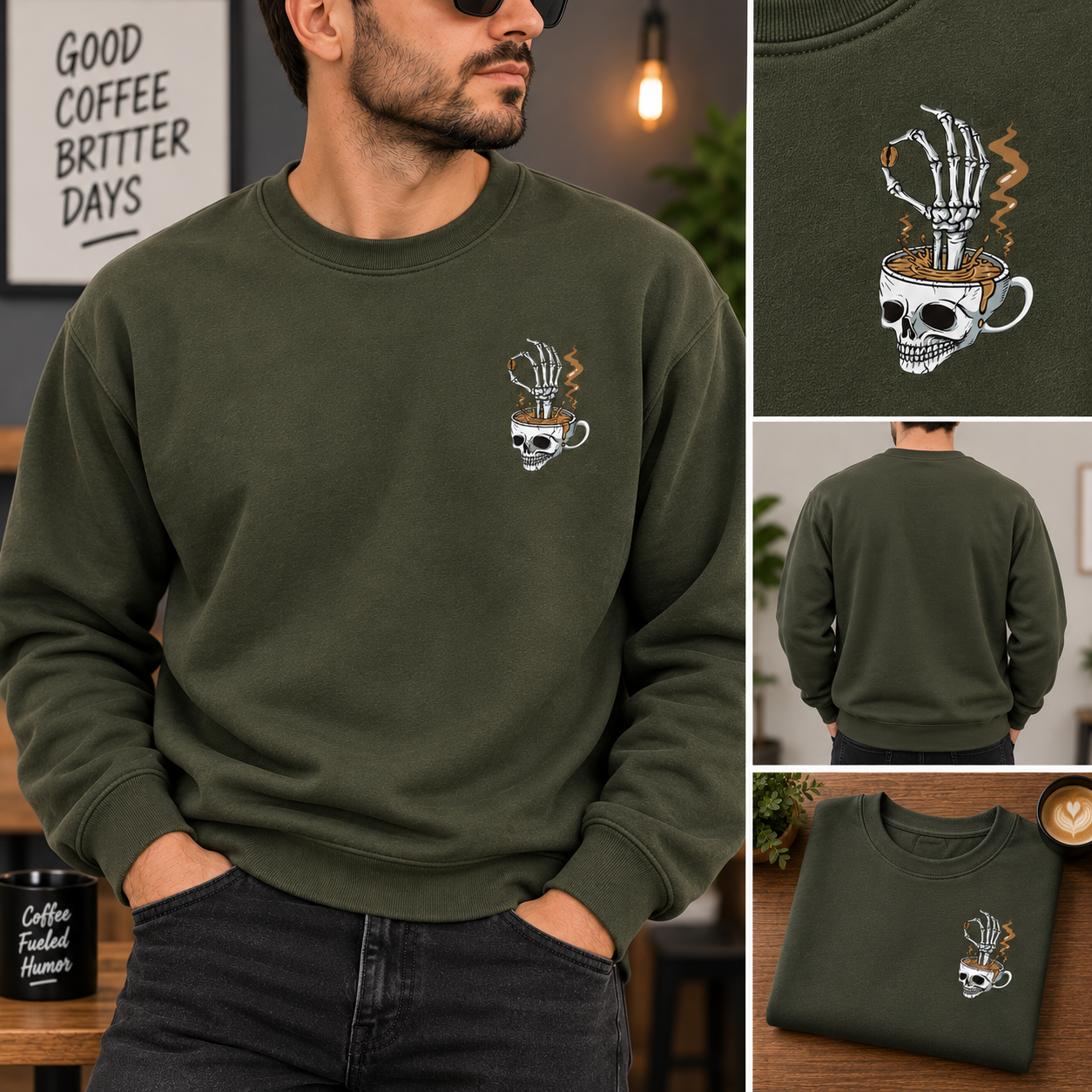 Military green skeleton coffee hoodie with skull mug design