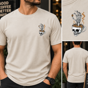Sand skeleton coffee t-shirt with skull mug design