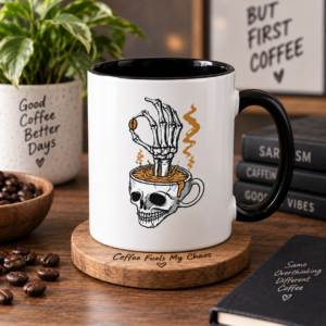 Skeleton hand coffee mug with skull design, lifestyle shot on wood table
