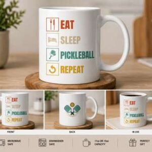 White ceramic mug with colorful Eat Sleep Pickleball Repeat icon design, front and back views