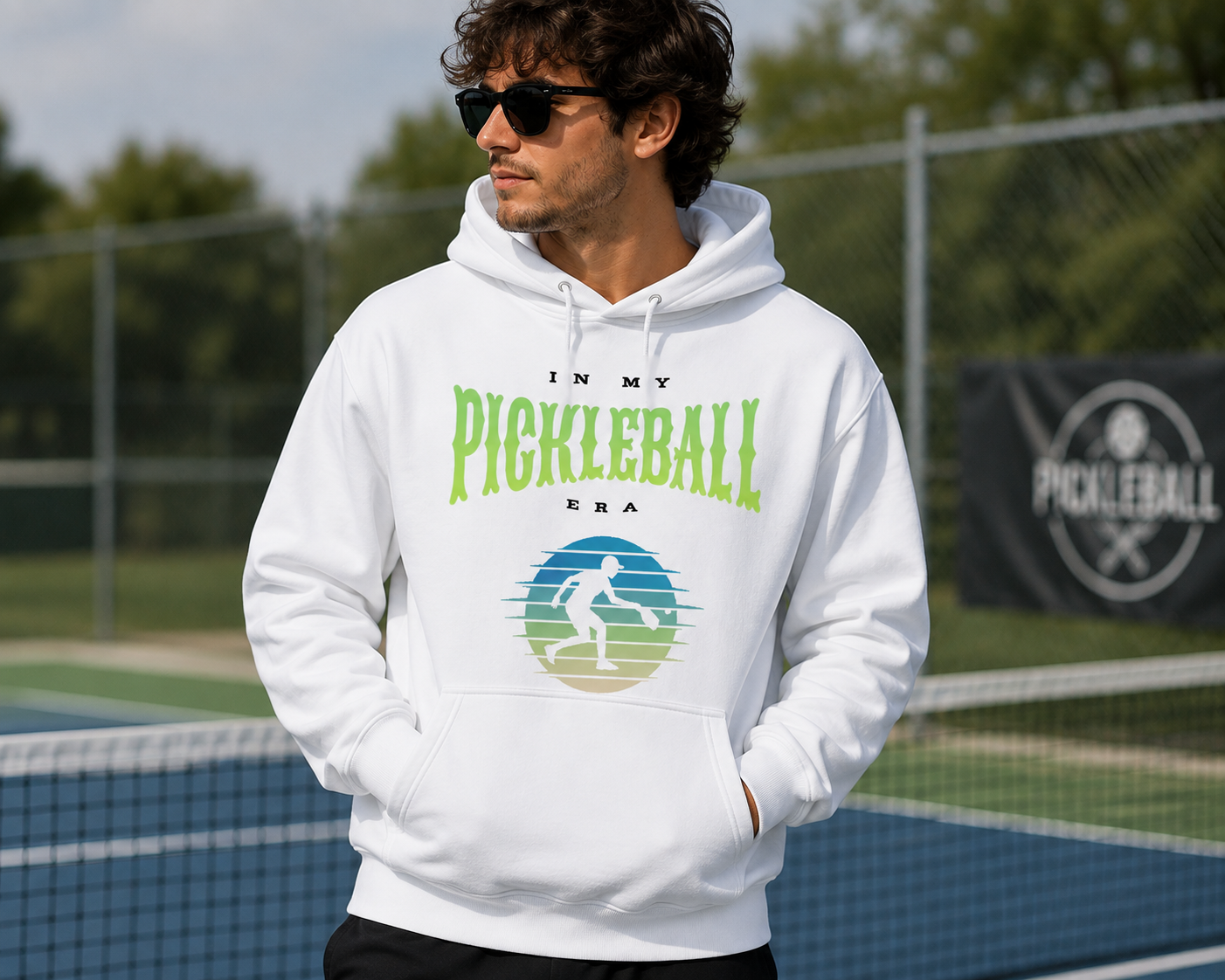 In My Pickleball Era hoodie worn by model, standing pose