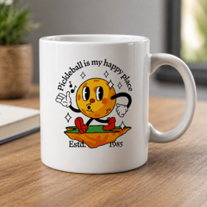 Pickleball Is My Happy Place mug, retro cartoon pickleball design, white mug