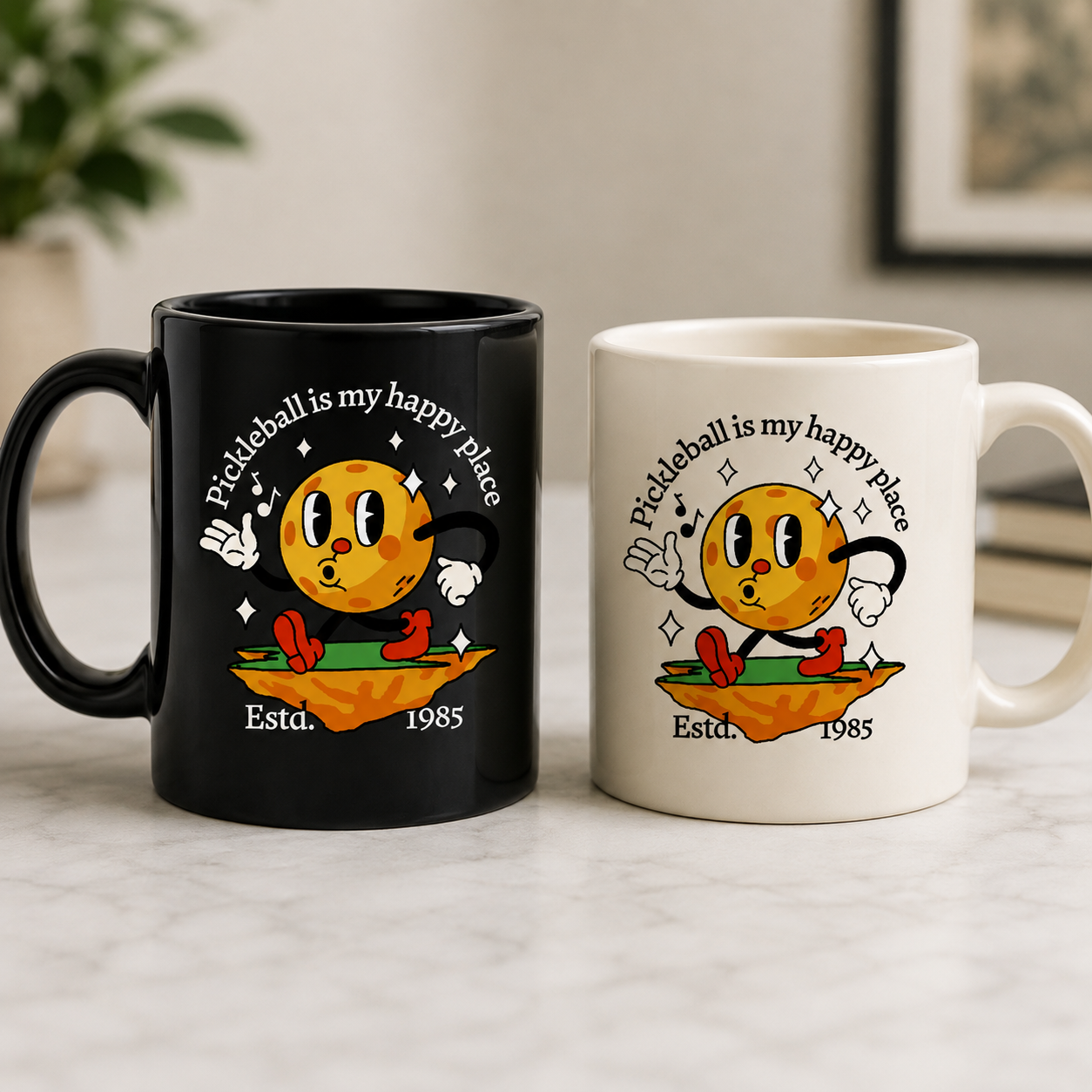 Pickleball Is My Happy Place mugs in black and white side by side
