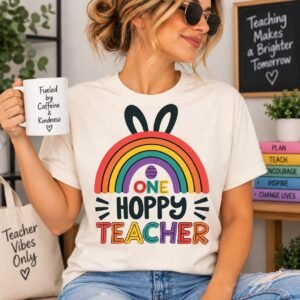 One Hoppy Teacher Shirt - Cute Easter Rainbow Teacher T-Shirt