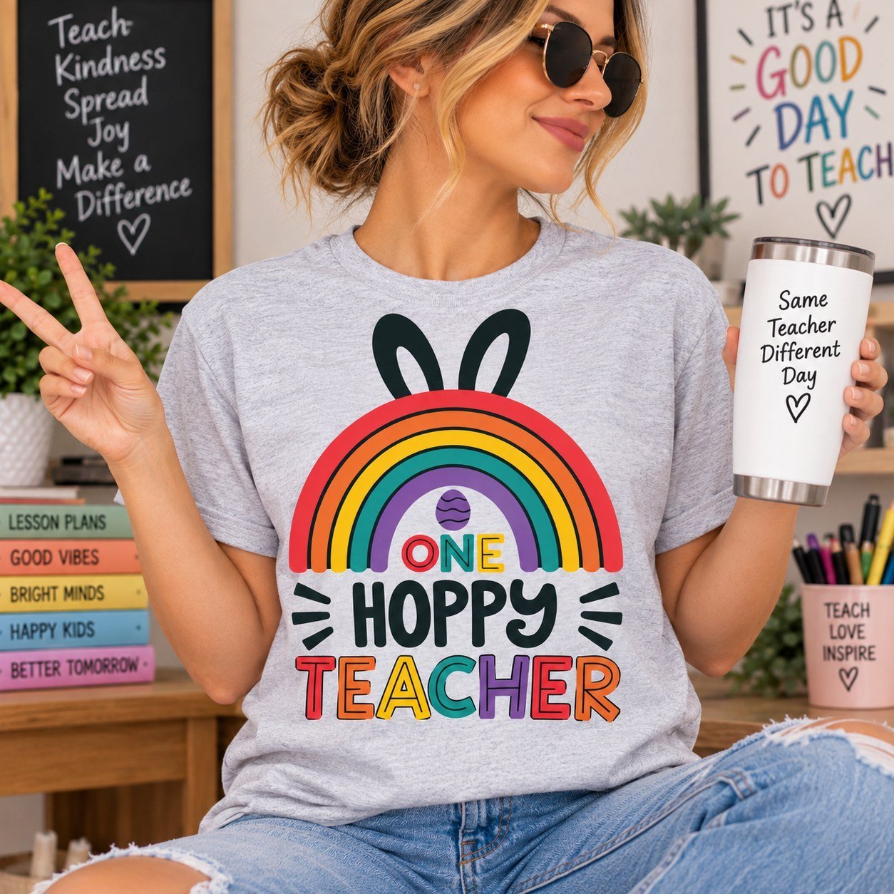 One Hoppy Teacher Shirt - Cute Easter Rainbow Teacher T-Shirt - Image 3