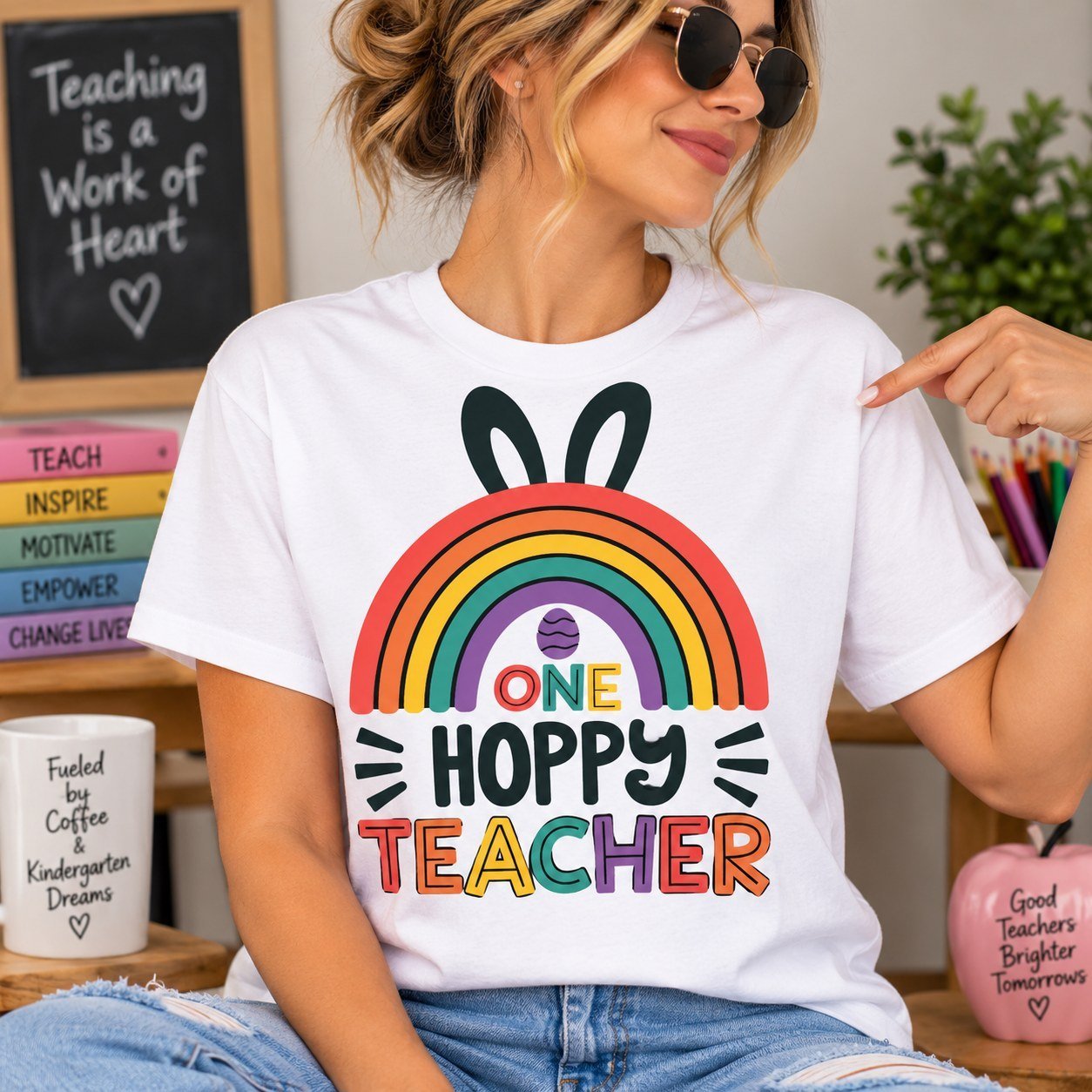 One Hoppy Teacher Shirt - Cute Easter Rainbow Teacher T-Shirt - Image 2