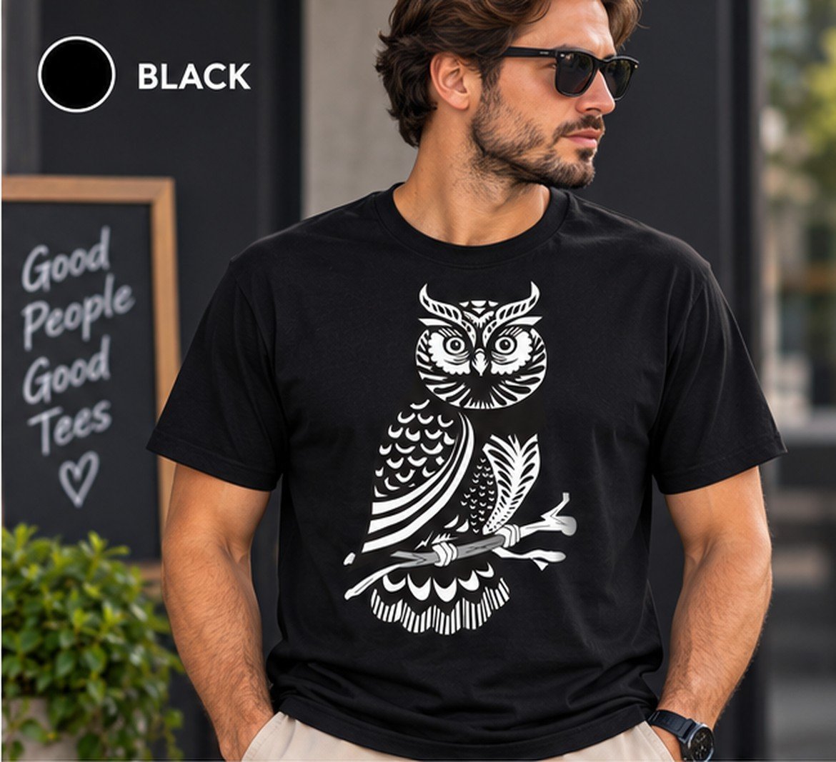 Ornamental Owl Shirt - Folk Art Owl Graphic T-Shirt for Bird Lovers - Image 4