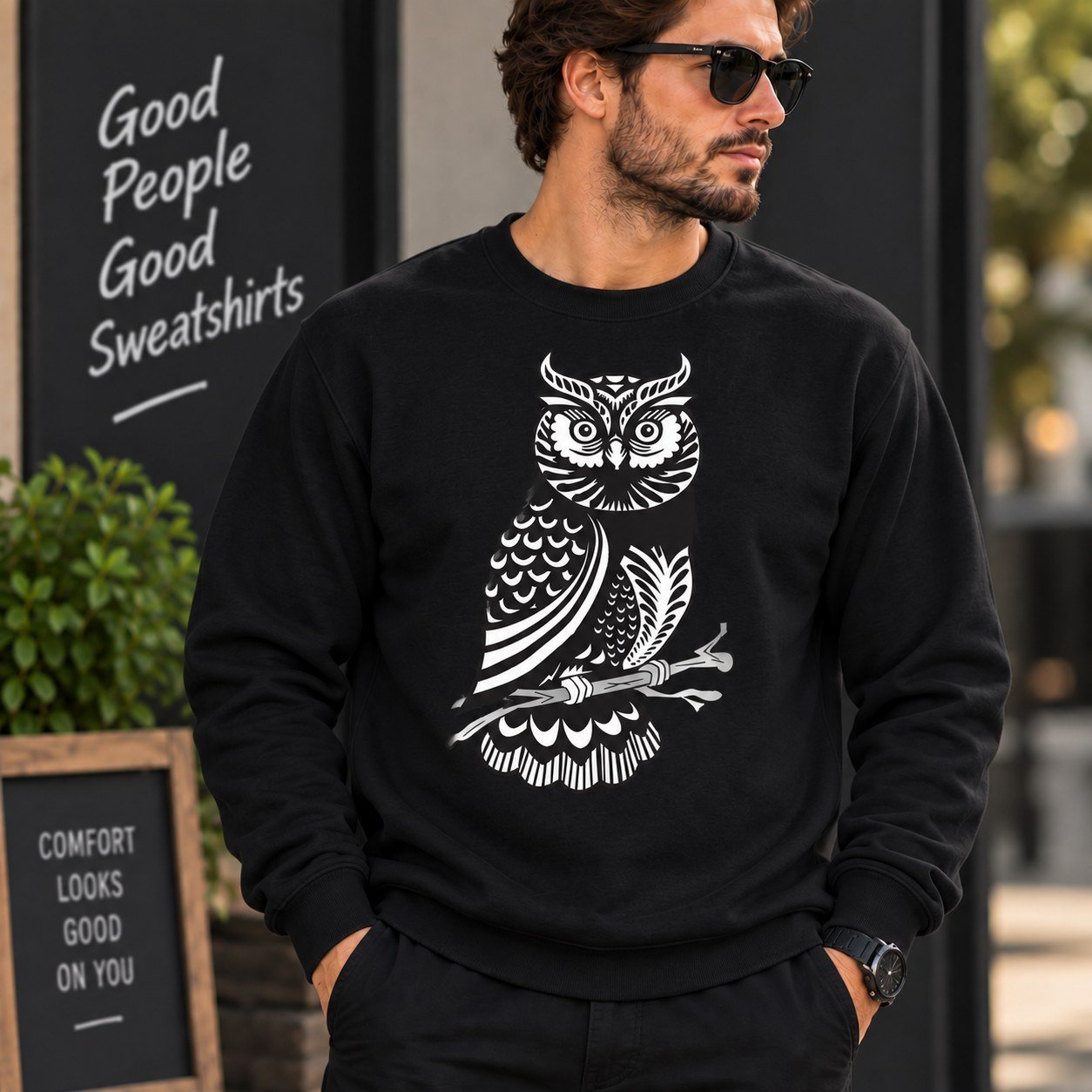 Ornamental Owl Sweatshirt - Folk Art Owl Crewneck for Bird Lovers - Image 2