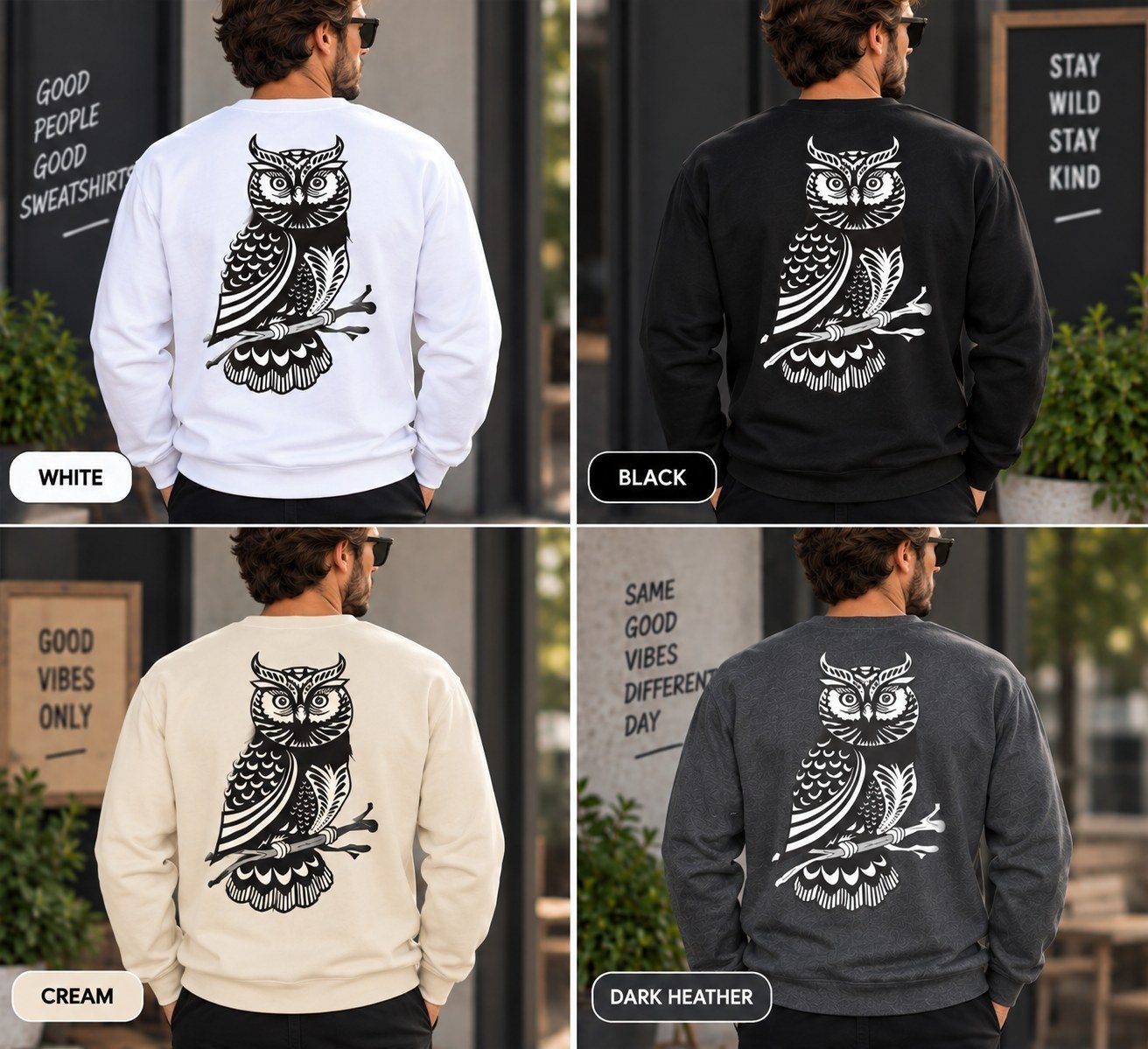 Ornamental Owl Sweatshirt - Folk Art Owl Crewneck for Bird Lovers - Image 3