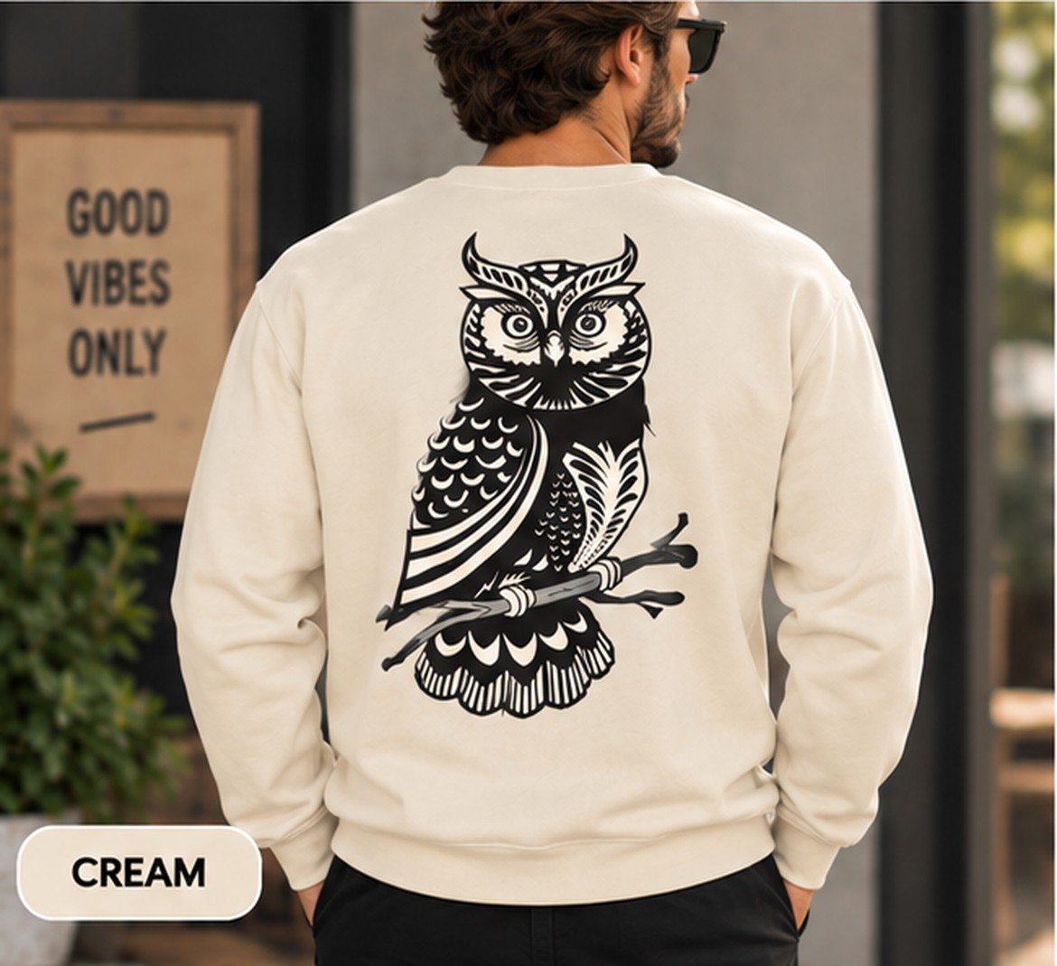 Ornamental Owl Sweatshirt - Folk Art Owl Crewneck for Bird Lovers - Image 4
