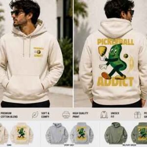 Pickleball Addict hoodie with pickle mascot print shown in sand, sport grey, and military green colors