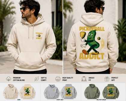 Pickleball Addict hoodie with pickle mascot print shown in sand, sport grey, and military green colors