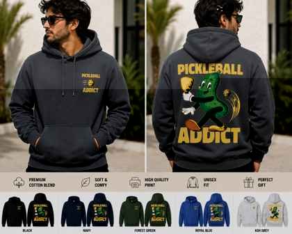 Pickleball Addict hoodie design with pickle mascot print, shown in black, navy, forest green, royal blue, and ash grey colorways
