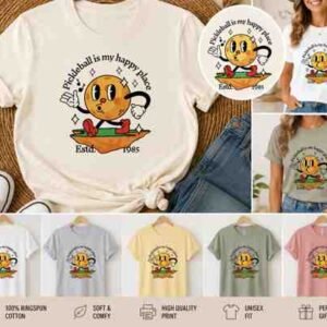 Cream t-shirt with retro cartoon pickleball player print and Pickleball Is My Happy Place text
