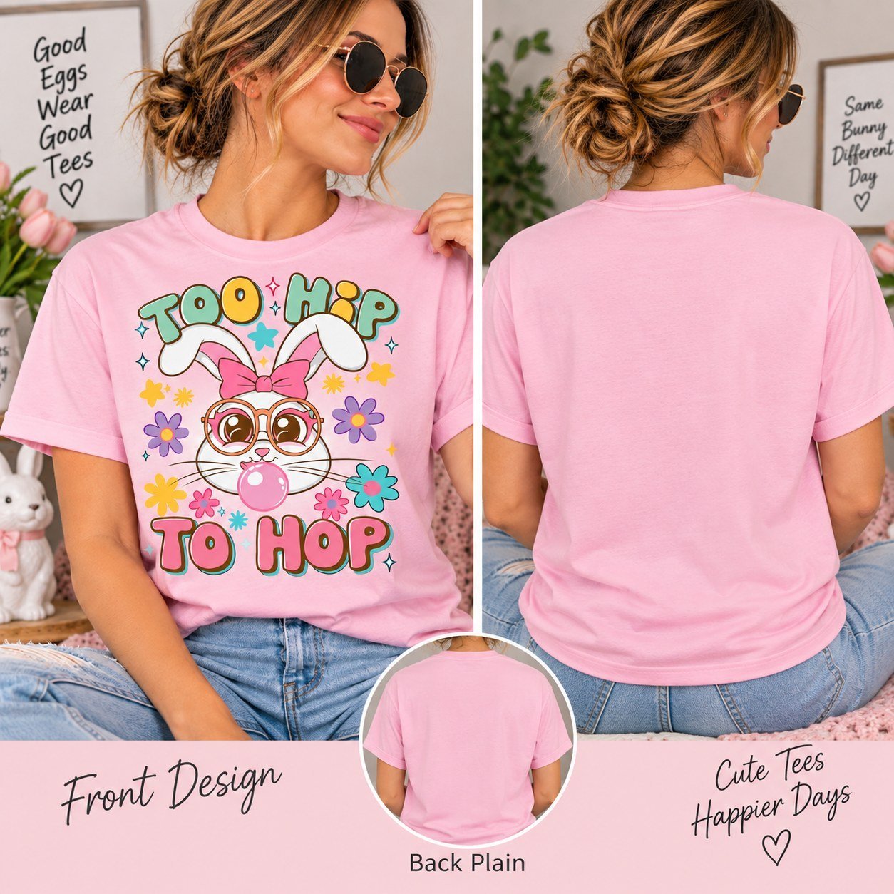 Too Hip To Hop Shirt - Retro Easter Bunny Bubblegum T-Shirt - Image 3