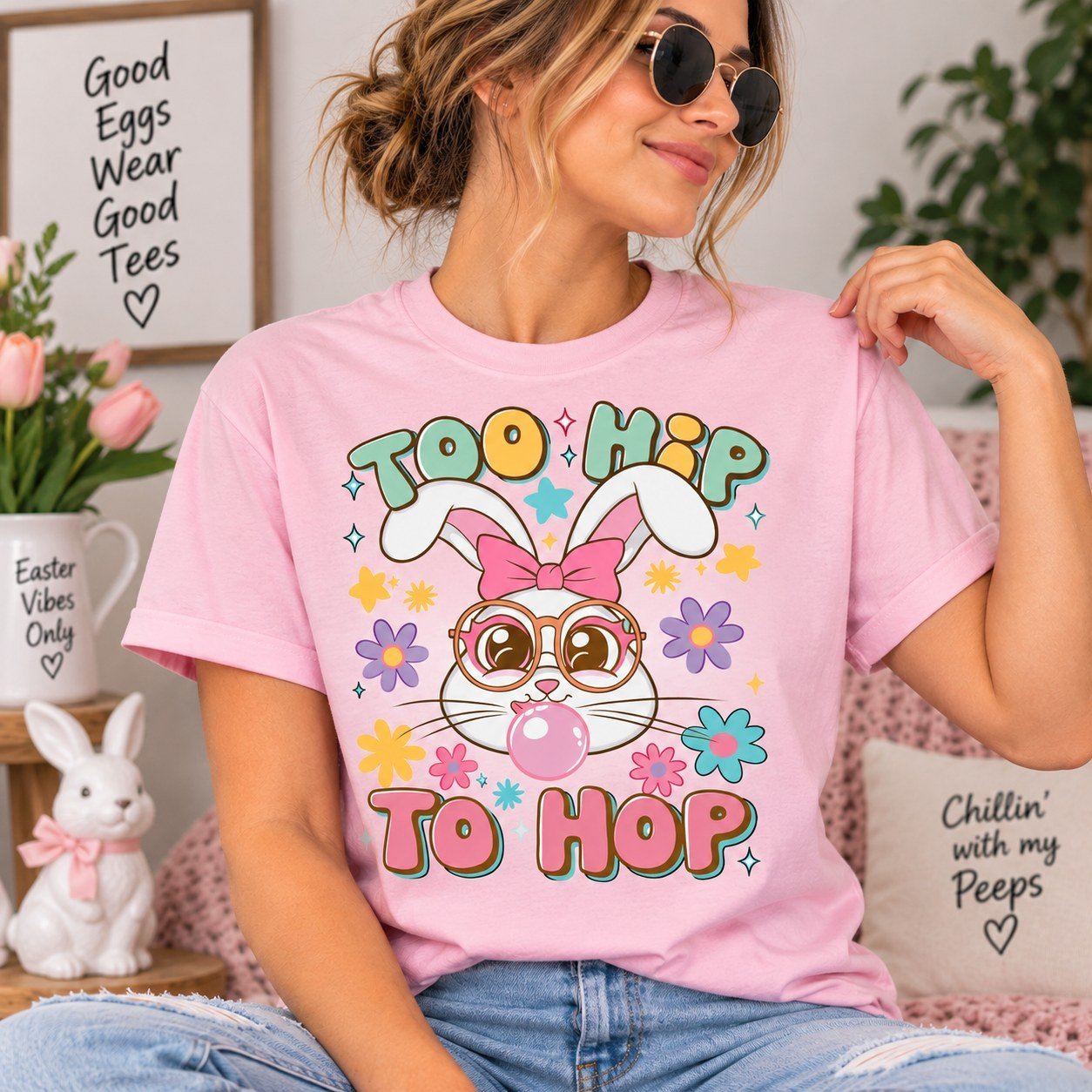 Too Hip To Hop Shirt - Retro Easter Bunny Bubblegum T-Shirt